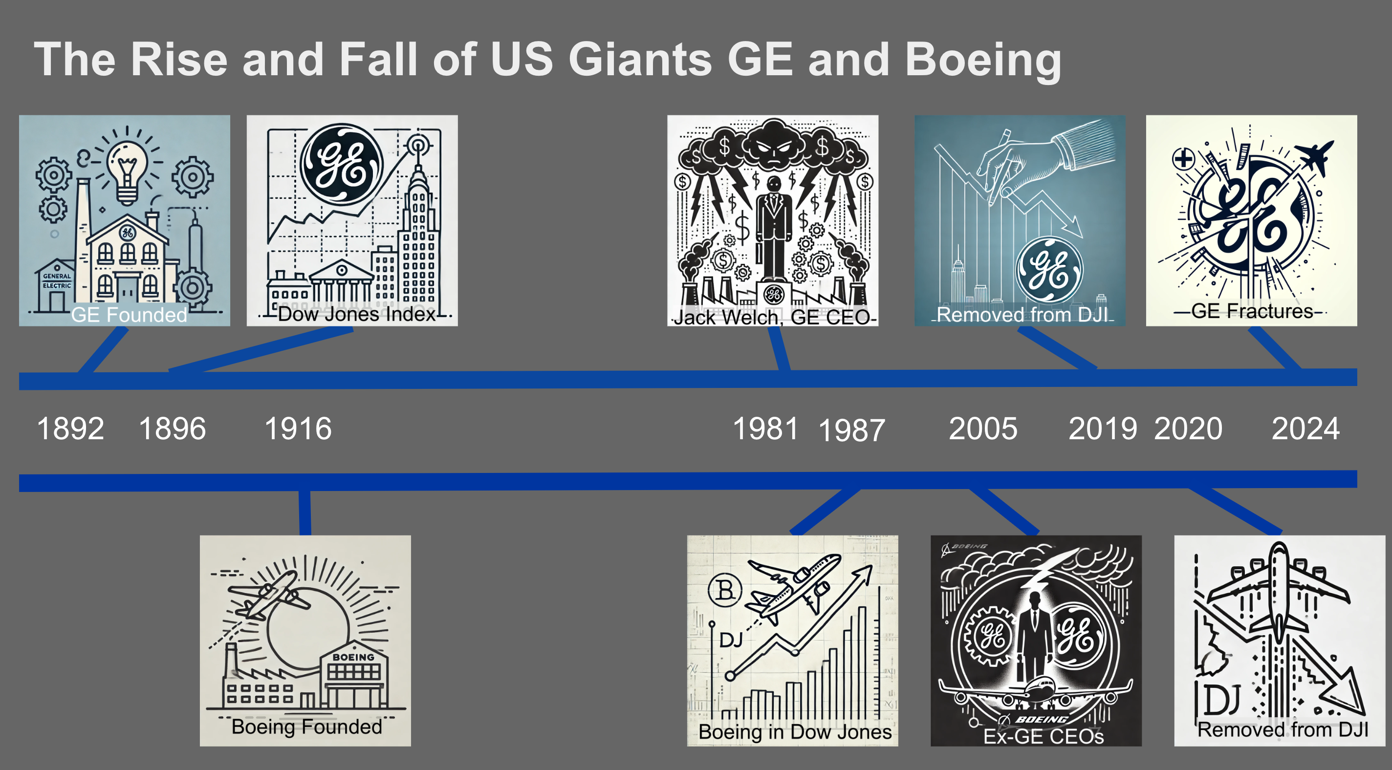 The Rise & Fall of US industrial Giants GE and Boeing graphic by Michael Barnard, Chief Strategist, TFIE Strategy Inc